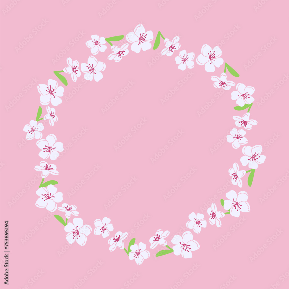 Spring floral wreath of cherry blossom on pink background. Vector template design for banner, poster, card. Modern floral frame
