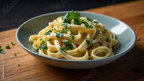 Plate of cooked pasta topped with fresh parsley placed on the wood table surface 