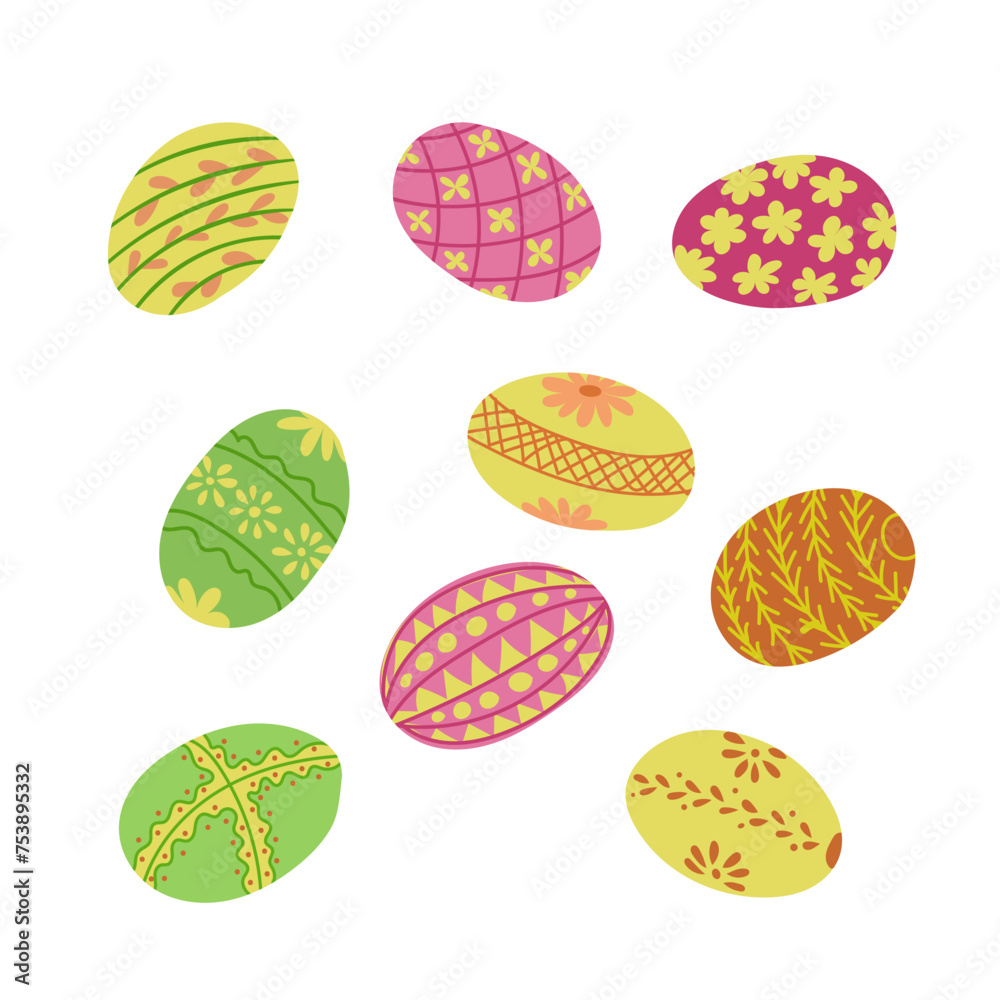Holiday spring collection of Easter eggs in pastel colors. Flat hand drawn elements on white background. Ideal for decoration, stickers, greetings, banner and background Holiday spring collection of Easter eggs in pastel colors. Flat hand drawn elements on white background. Ideal for decoration, stickers, greetings, banner and background