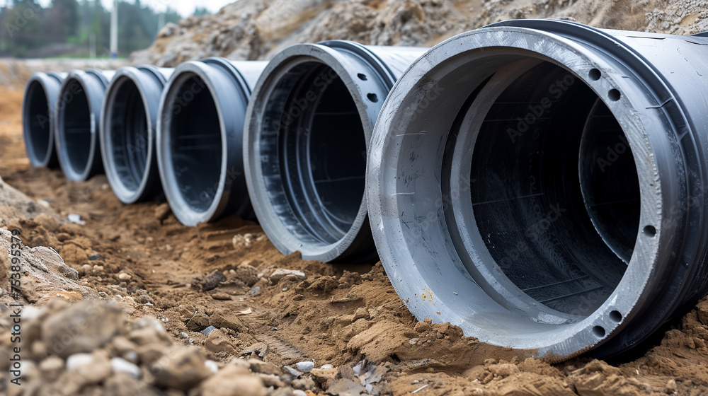 Large cement sewer or water pipes or rings. Construction and pipe laying at construction site. Large cement sewer or water pipes or rings. Construction and pipe laying at construction site.
