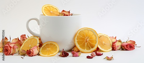 A cup is filled with vibrant orange slices and delicate rose petals, creating a visually appealing arrangement.