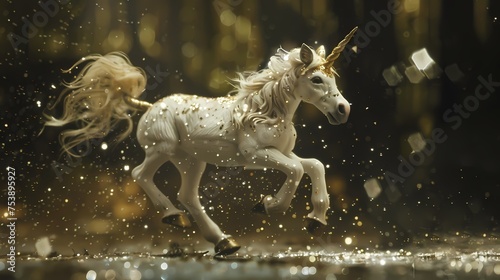 The miniature creature, resembling a playful unicorn foal, prances through the studio, its hooves leaving trails of sparkling stardust with each step.