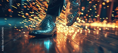 Close-up of male legs in high-heeled shoes with sparkles. Feet of a man in black shoes on the background of a light trail. A close-up shot of a tap dancer's shiny shoes executing intricate steps.
