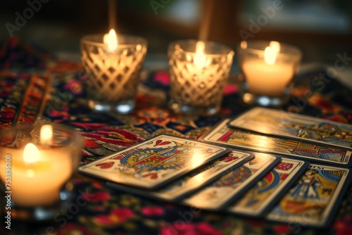 Tarot cards and candles on a tablecloth