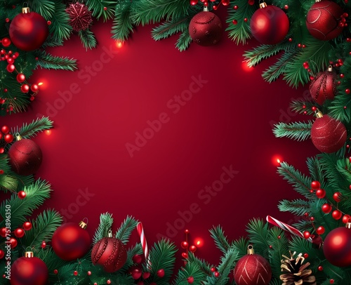 Red Christmas frame or boarder featuring colorful branches and colorful Christmas lights decor, evoking vibrant stage backdrop, richly detailed background in deep green, fir branches, copy space.