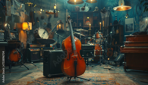 Violinist's instrument, cello or double bass in a recording studio.