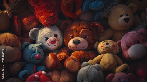 Peeking out from behind a pile of plush toys, the cuddly character snuggles with its favorite stuffed animal, its heart filled with warmth and affection.