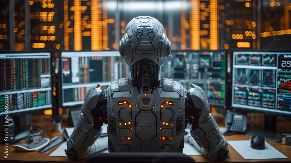 Back view of a financial analyst day trader robot working on computer with many screens that shows real-time stock data. Neural network generated image. Not based on any actual scene or pattern. Back view of a financial analyst day trader robot working on computer with many screens that shows real-time stock data. Neural network generated image. Not based on any actual scene or pattern.