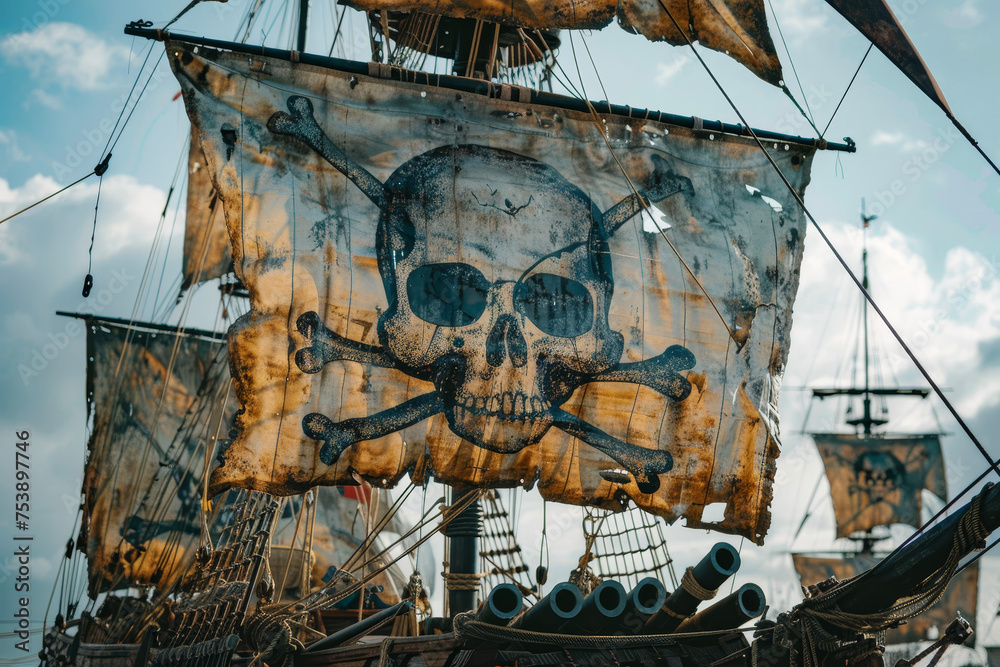 Naklejka premium A view of a pirate ship with sails, cannons, and a skull flag
