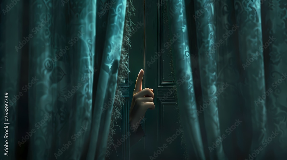 Peeking out from behind a curtain, the aspiring magician character practices its sleight of hand, its fingers moving with precision as it performs a dazzling array of tricks. - obrazy, fototapety, plakaty 