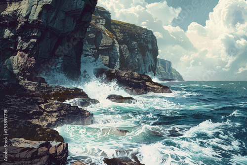 A view of a rocky coast with cliffs, caves, and waves crashing against them