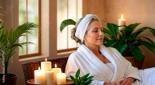 A woman with grey hair sits on a bench wearing a white robe and a towel on her head. She has her eyes closed and is surrounded by candles. photo