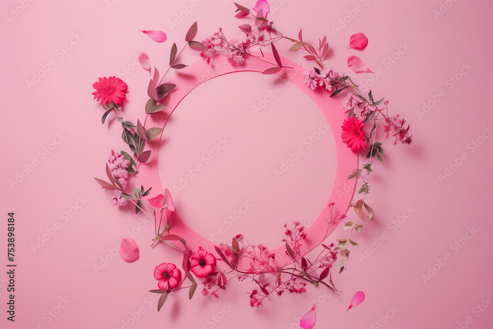 pink flower Easter frame.Minimal creative nature card advertise concept .Trendy social mockup or wallpaper with copy space.Top view,flat lay.Generative AI