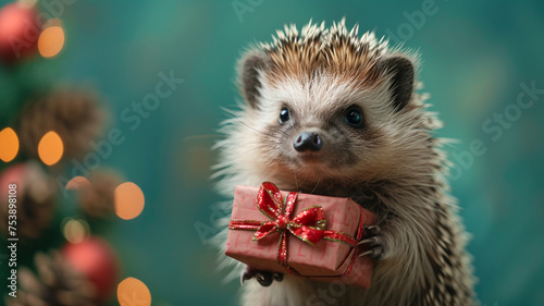 cute little hedgehog holding a gift