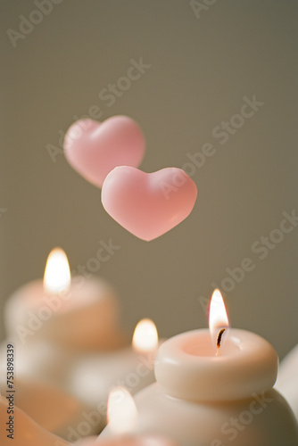 Candles and hearts.Feminine minimalistic emotional concept.Copy space,top view.Generative AI