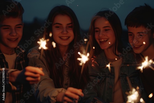 Easter Evening Fun: Teen Friends Light Up the Night with Sparklers as Dusk Sets In