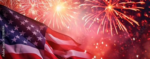American flag with fireworks background. 4th of July Celebration concept banner.