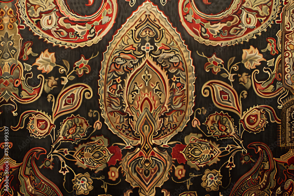 A pattern of paisley with droplet-shaped motifs of Persian origin in a shawl or a carpet