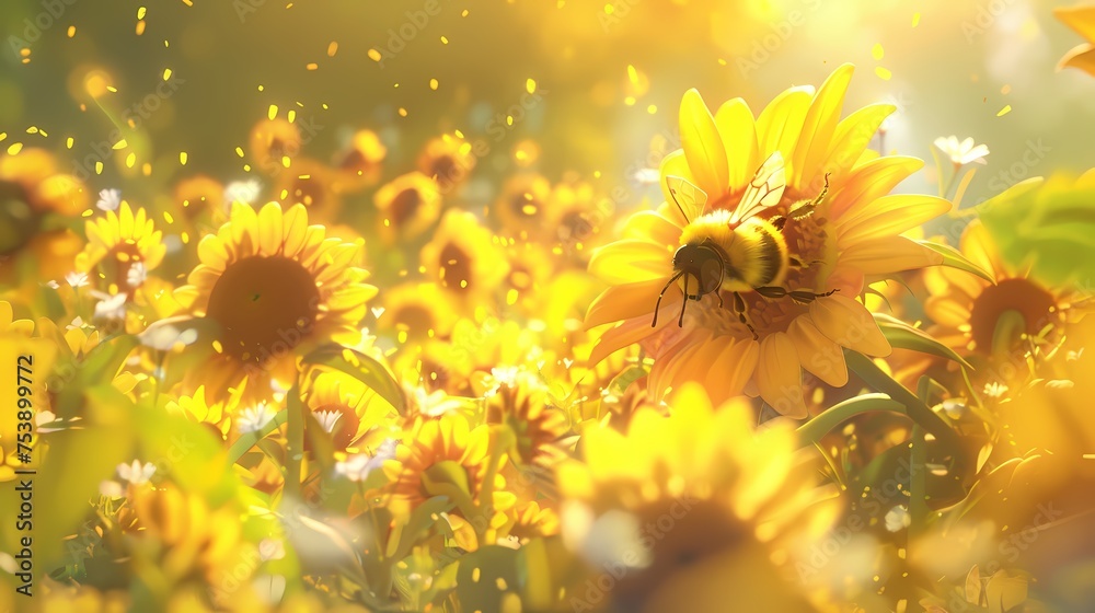Fototapeta premium Nestled in a patch of sunflowers, the tiny bee-like character buzzes happily, collecting golden pollen that shimmers like liquid sunlight.