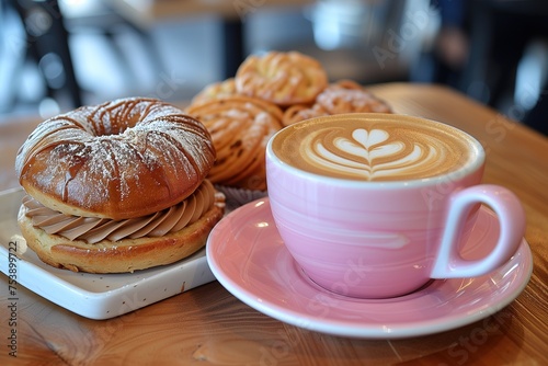 A pink cup of coffee sits on a pink plate next to a donut and a pastry © SynchR