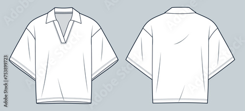 Polo Shirt technical fashion illustration. Cropped Top fashion flat technical drawing template, short sleeve, polo collar, v neck, oversize, front and back view, white, women, men, unisex CAD mockup.