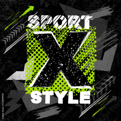 Grunge drawing for t-shirts for boy. Extreme style modern illustration with  slogans. Sport print