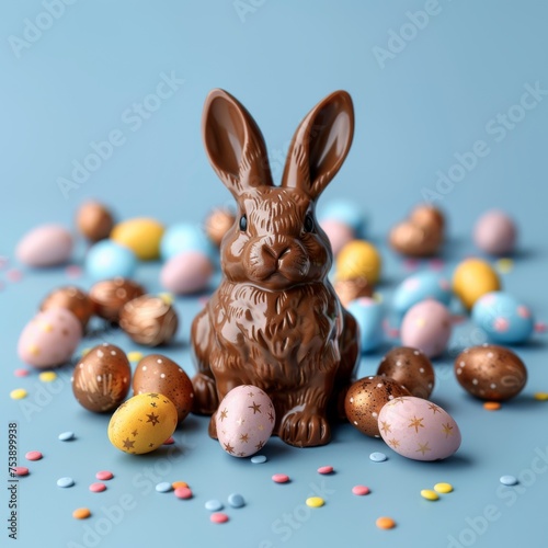 Chocolate easter bunny with easter egg decoration, isolated on blue background. Luxury chocolate, Easter holiday. Delicious milk, dark chocolate bunny. 