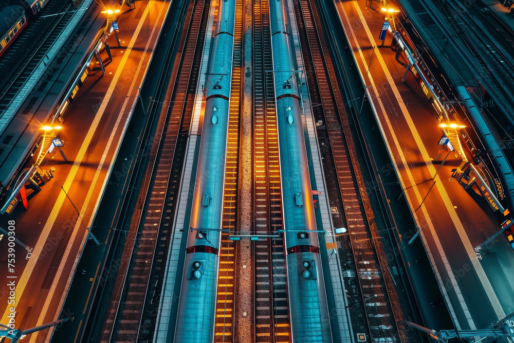 A bird's eye view of a train station with tracks, platforms, and trains arriving and departing