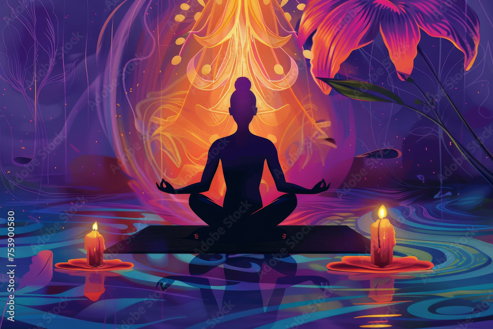 A 2d illustration of a person doing yoga and meditating on a mat with a candle and a flower