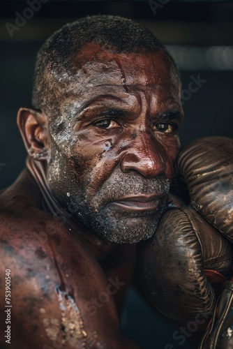 A man with a sweaty face and a boxing glove on his left hand