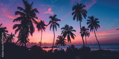 A beautiful sunset over the ocean with palm trees in the background © kiimoshi