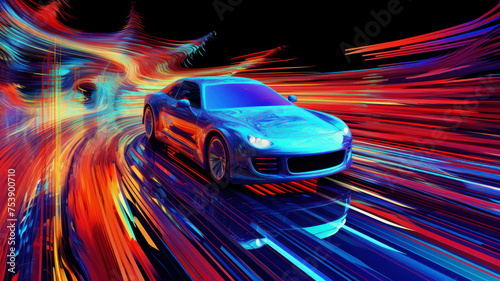Sports car speeding through neon light trails