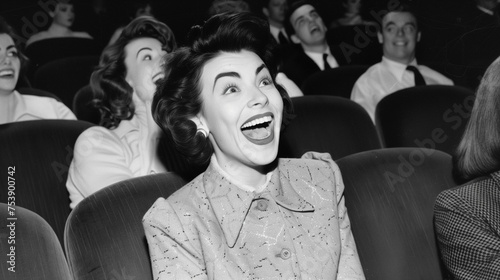 In a black and white photo from the 1950s, a woman laughs while seated in a movie theater, engrossed in watching a film