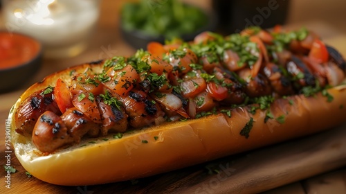 Appetising hot dog with tomato sauce, mustard and parsley on a wooden board