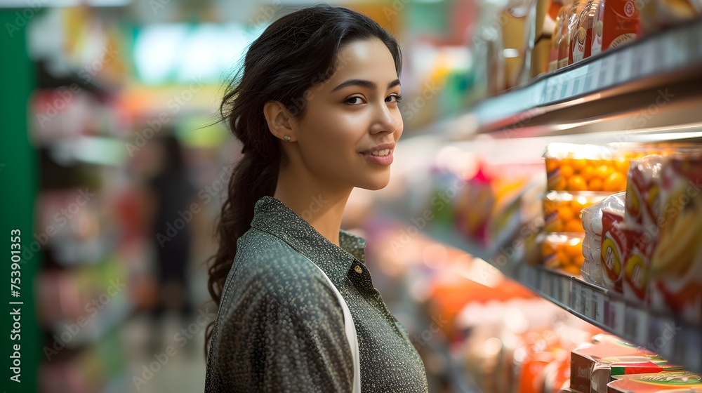 A smiling woman moves through the aisles of a supermarket, giving preference to nutritional value