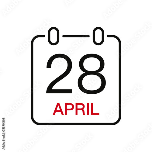 April 28 date on the calendar, vector line stroke icon for user interface. Calendar with date, vector illustration.