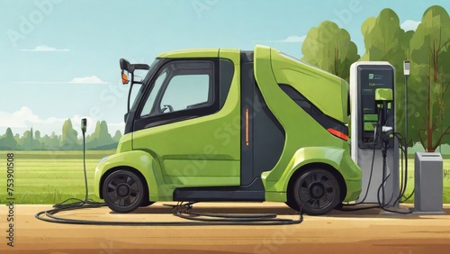 Green electric harvester at charging station - a flat vector illustration. Bridging e-motion in electromobility with smart, modern agriculture