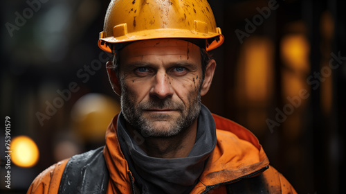 Portrait of a ma in uniform and helmet on the building background, concept of civil engineering