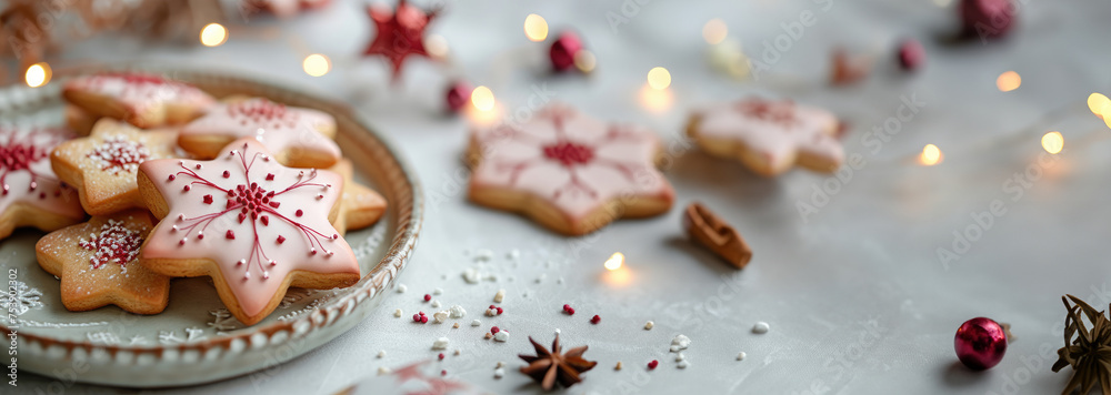 Christmas star shaped cookies with icing frosting handmade painted artisan design in minimalist festive background professional closeups with blurred background and fairy lights Christmas star shaped cookies with icing frosting handmade painted artisan design in minimalist festive background professional closeups with blurred background and fairy lights