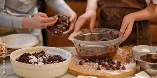Two people are making chocolate covered marshmallows
