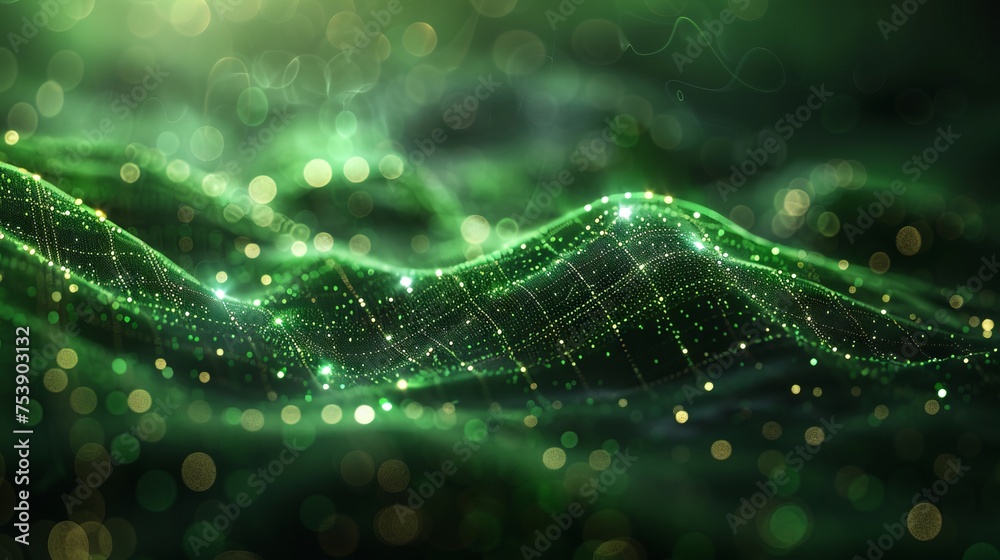Dynamic particle wave. Green Futuristic Point Wave. The flow of digital structure. The background of data technology. 3D rendering - obrazy, fototapety, plakaty 