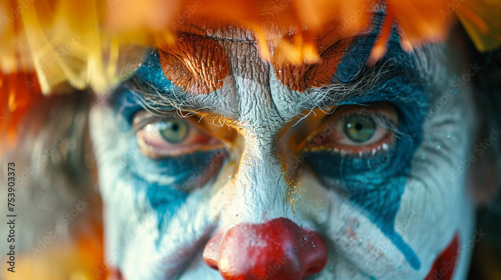 Closeup of grown up male clown with drying up face paint, staring ahead.