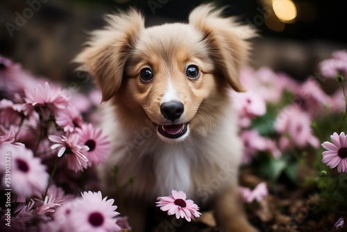 Cheerful ginger fluffy pooch puppy posing playfully with pink spring flowers in the garden
