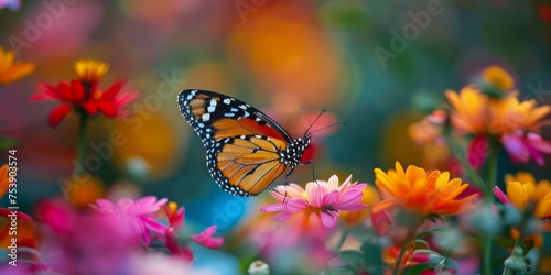 A butterfly is flying over a field of flowers © kiimoshi