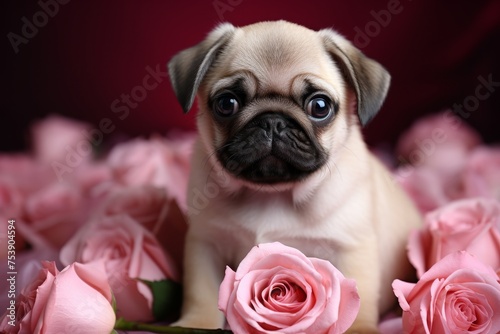 Cute Pug puppy with a pink roses flowers, spring greeting card with small doggy © Nikolai
