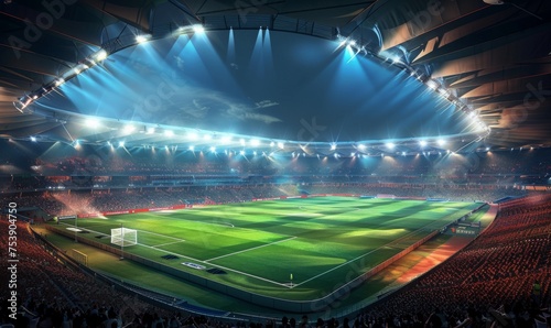 Football stadium under the glow of floodlights, with the pitch bathed in vibrant colors