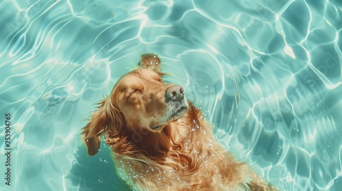 A Golden dog lounging in a pool of clear and transparent water, with light white and turquoise tones