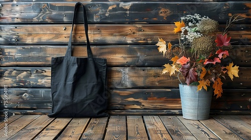Blank black mockup linen cotton bag on wooden background. On the side is a bucket with dried fall branches of trees and grasses