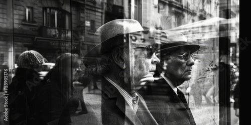Two men wearing hats and glasses are standing in front of a window