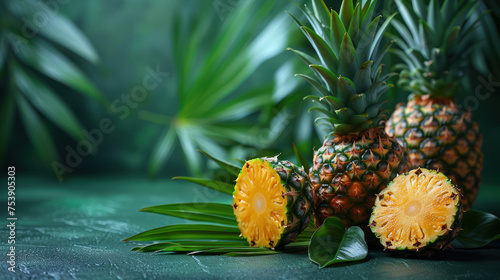 sliced fresh pineapple on green leaves with tropical backdrop photo